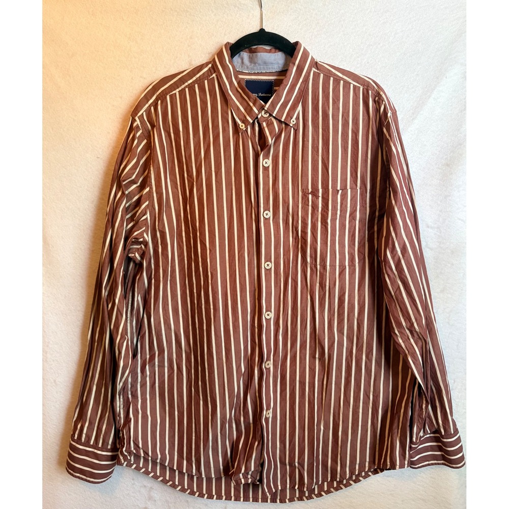 Tommy Bahama Mens Large Brown White Striped Pima Cotton Button Down Shirt L